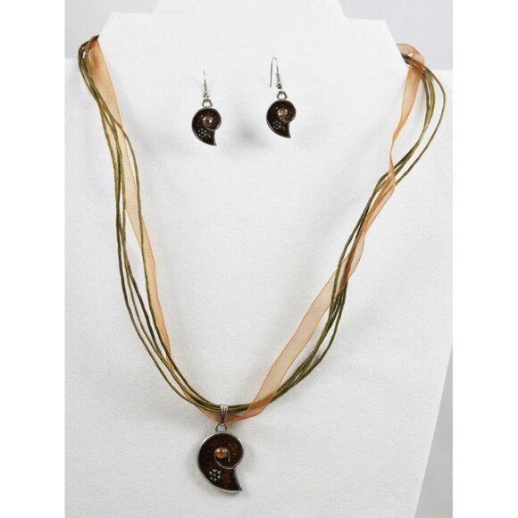 Enameled Fossil Shell Style Pendant 17in Necklace & Earrings Set - Picture 2 of 4